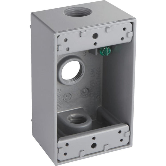 Bell Single-Gang 1/2 In. 3-Outlet Gray Aluminum Weatherproof Outdoor Outlet Box, Shrink Wrapped